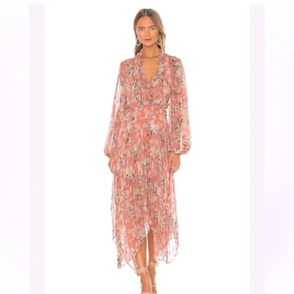 REVOLVE Keepsake Unravel Tie Neck Floral Print Pleated Peach Blush Dress Lily 2 - Picture 1 of 4